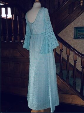 Darling 60's Bohemian Wedding Party Dress Ecru Nude Lace Folk Empire Pale Aqua S